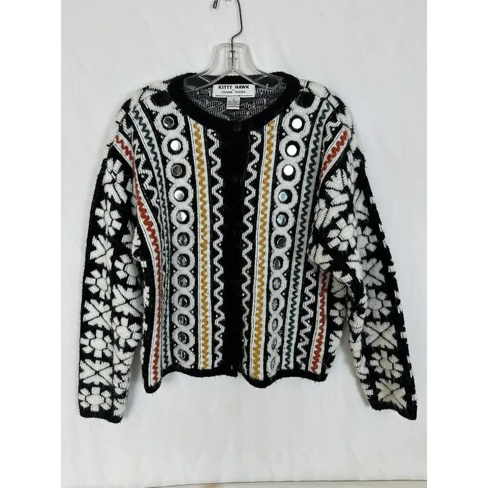 Vintage 3D Knit Cardigan Sweater Mirror Kitty Hawk Vivan Wang Women's Artsy MED